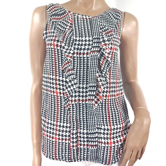 ELLE BLOUSE Sleeveless Blouse Tank Top S Ruffle Front Houndstooth - Picture 2 of 5